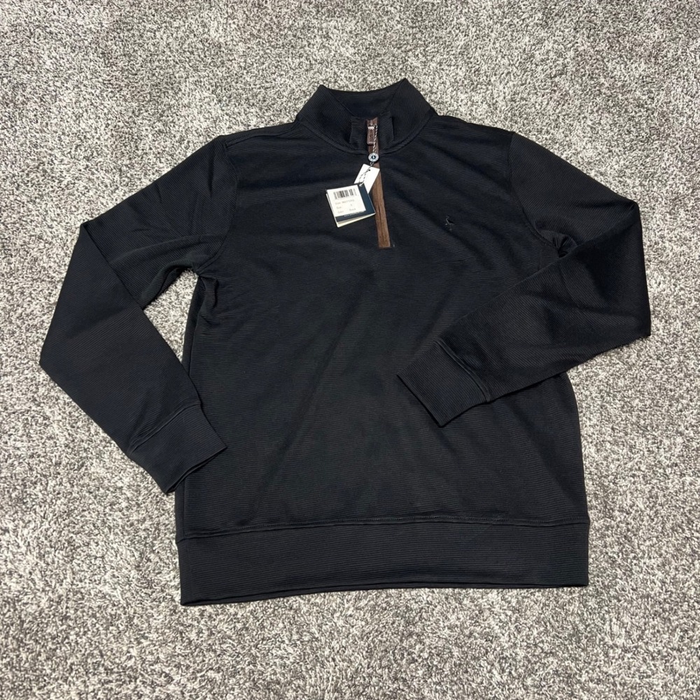 TailorByrd Mens Black Ribbed Quarter Zip Pullover Sweater Suede Trim Small NWT